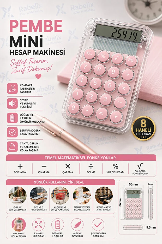 Şeffaf Pembe Mini Hesap Makinesi 8 Haneli LCD Ekran Cep Boy Hesap Makinesi Ofis Okul Masaüstü 